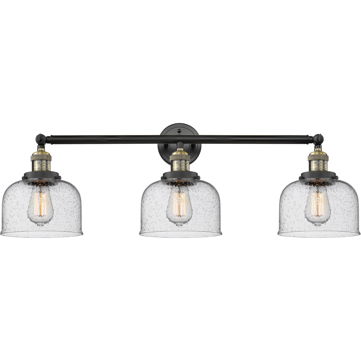 Franklin Restoration Large Bell 3 Light 32 inch Black Antique Brass Bath Vanity Light Wall Light in Seedy Glass, Franklin Restoration