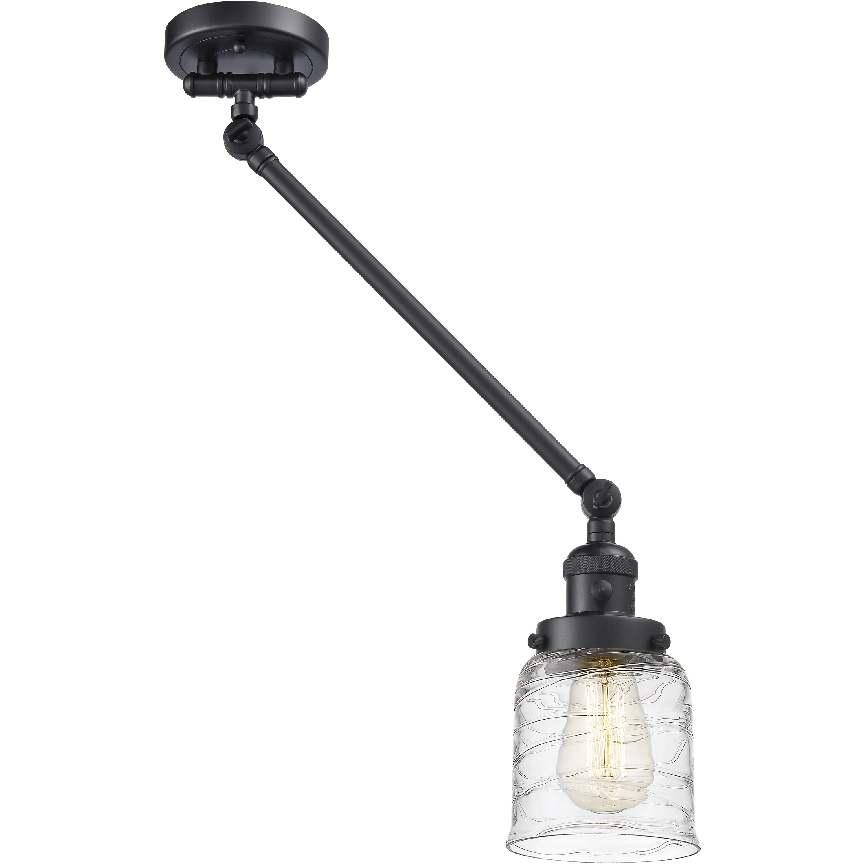 Franklin Restoration Bell 21 inch 100 watt Matte Black Swing Arm Wall Light in Deco Swirl Glass