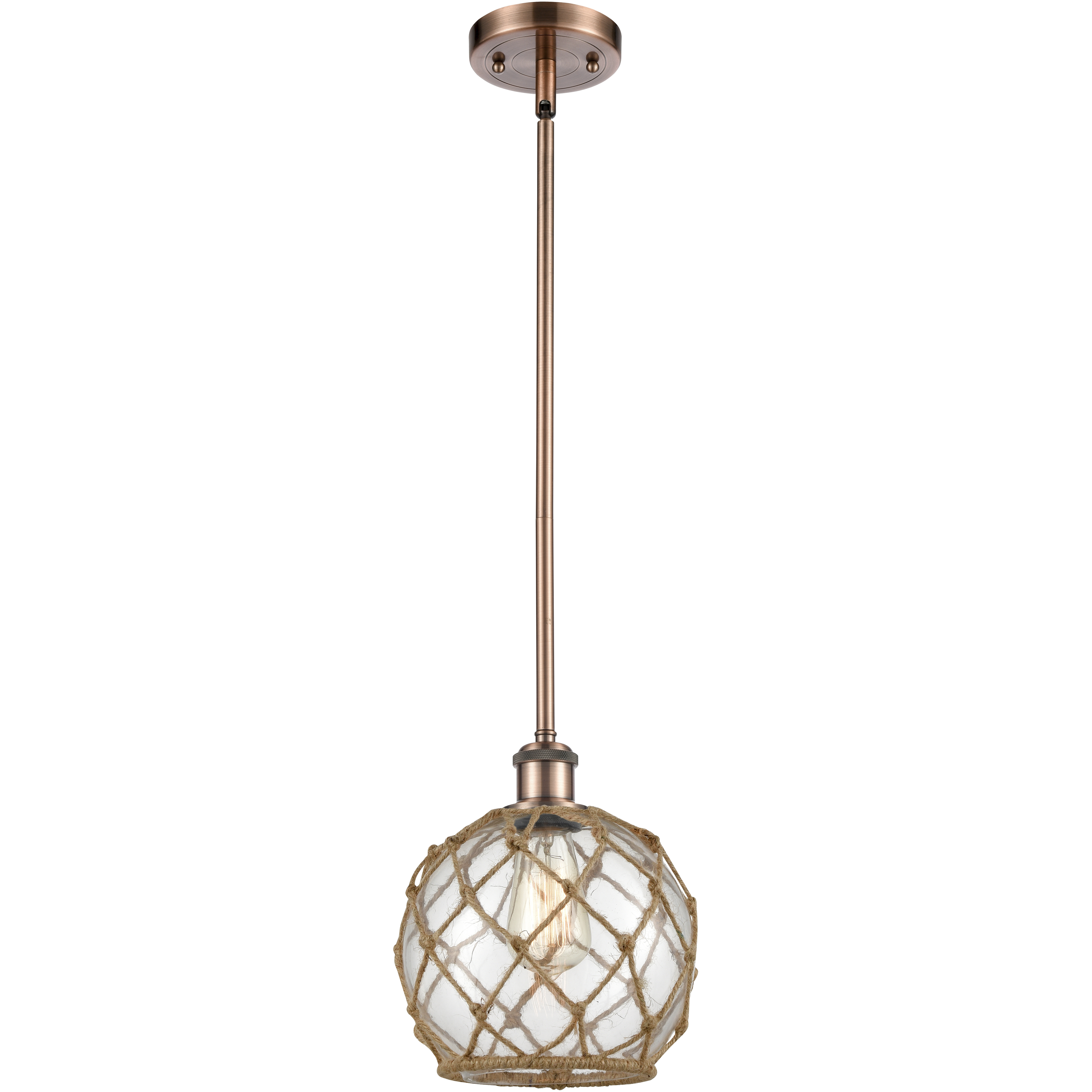 Ballston Farmhouse Rope LED 8 inch Antique Copper Pendant Ceiling Light in Clear Glass with Brown Rope, Ballston