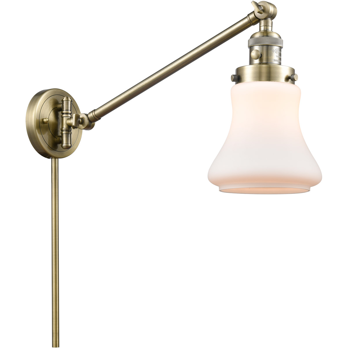 Bellmont 35 inch 3.5 watt Antique Brass Swing Arm Wall Light in Matte White Glass, Franklin Restoration
