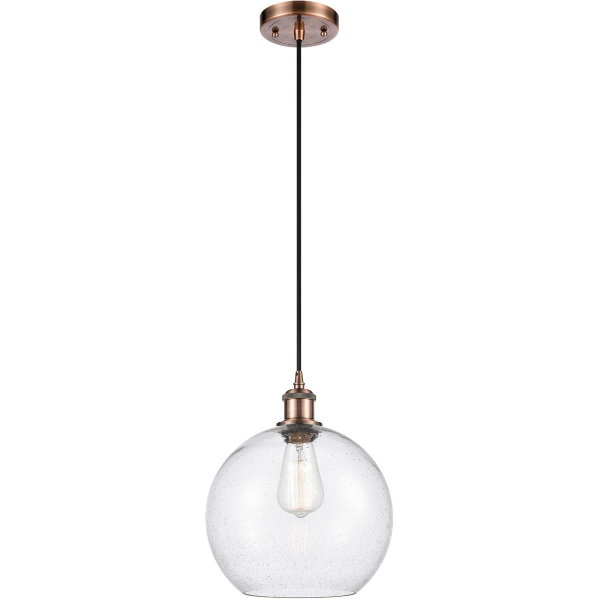 Ballston Large Athens LED 10 inch Antique Copper Mini Pendant Ceiling Light in Seedy Glass, Black Textured, Ballston