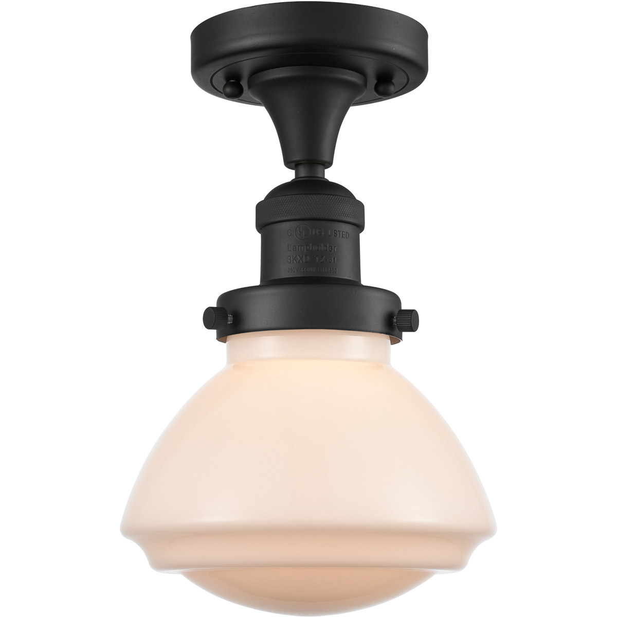 Franklin Restoration Olean 1 Light 7 inch Matte Black Semi-Flush Mount Ceiling Light in Matte White Glass, Franklin Restoration