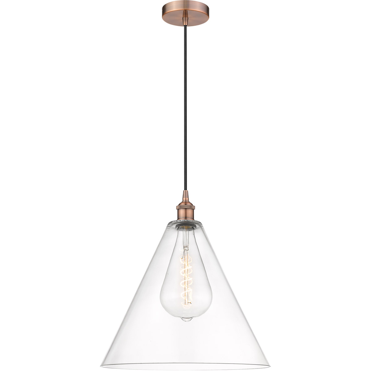 Edison Cone LED 16 inch Antique Copper Pendant Ceiling Light in Clear Glass