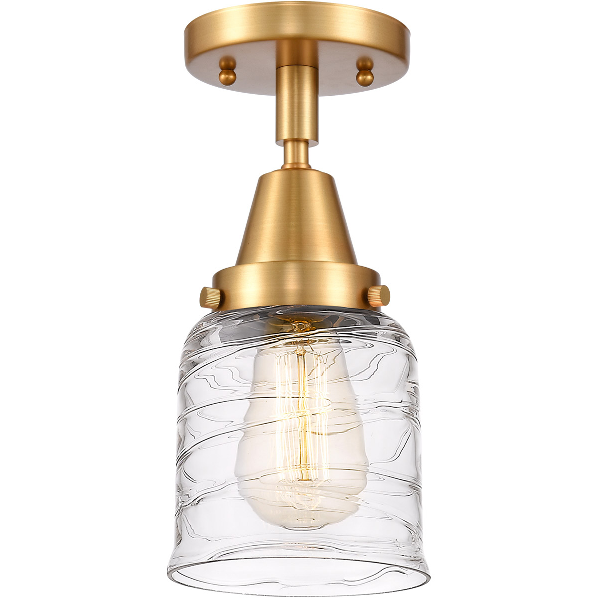 Franklin Restoration Bell LED 5 inch Satin Gold Flush Mount Ceiling Light in Deco Swirl Glass