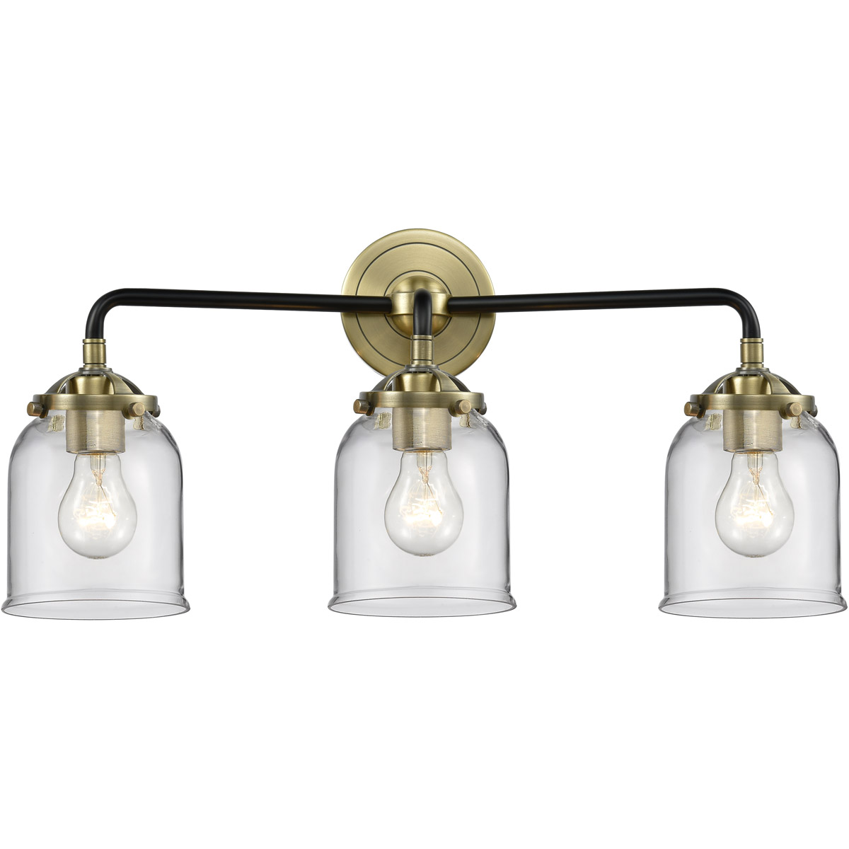 Nouveau Small Bell 3 Light 23 inch Black Antique Brass Bath Vanity Light Wall Light in Clear Glass, Nouveau