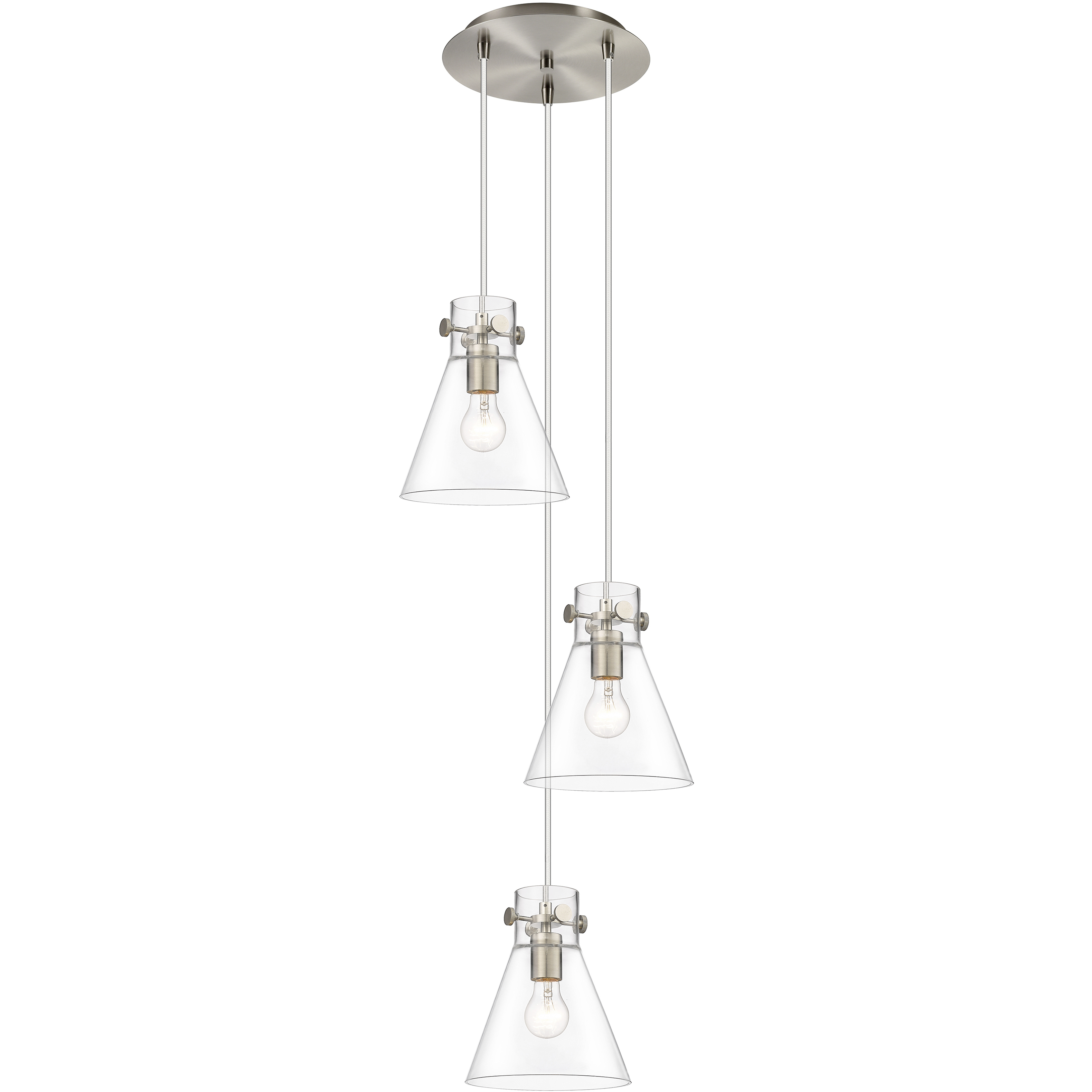 Newton Cone 3 Light 15.5 inch Brushed Satin Nickel Multi Pendant Ceiling Light in Clear Glass