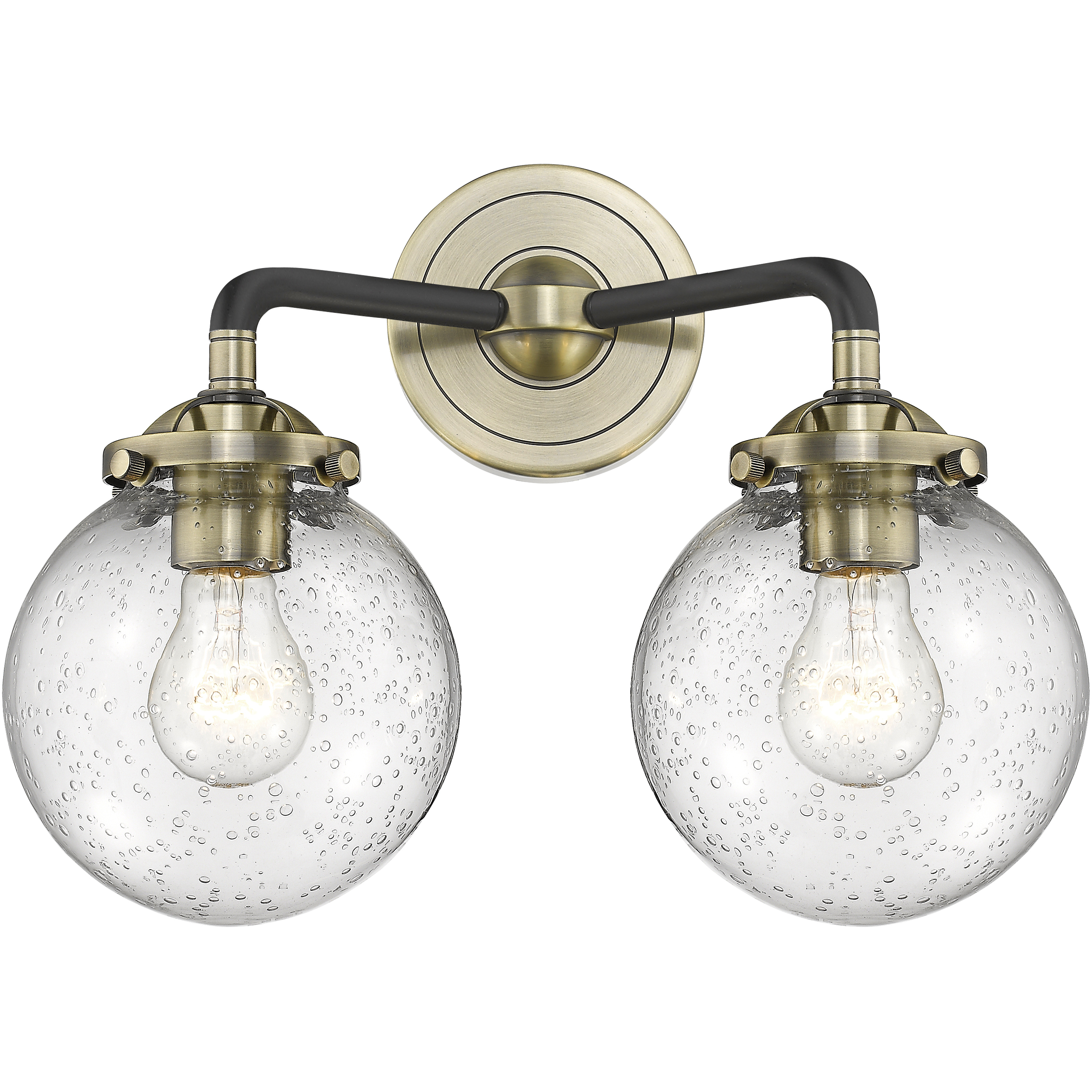 Nouveau Beacon 2 Light 14 inch Black Antique Brass Bath Vanity Light Wall Light in Seedy Glass, Nouveau