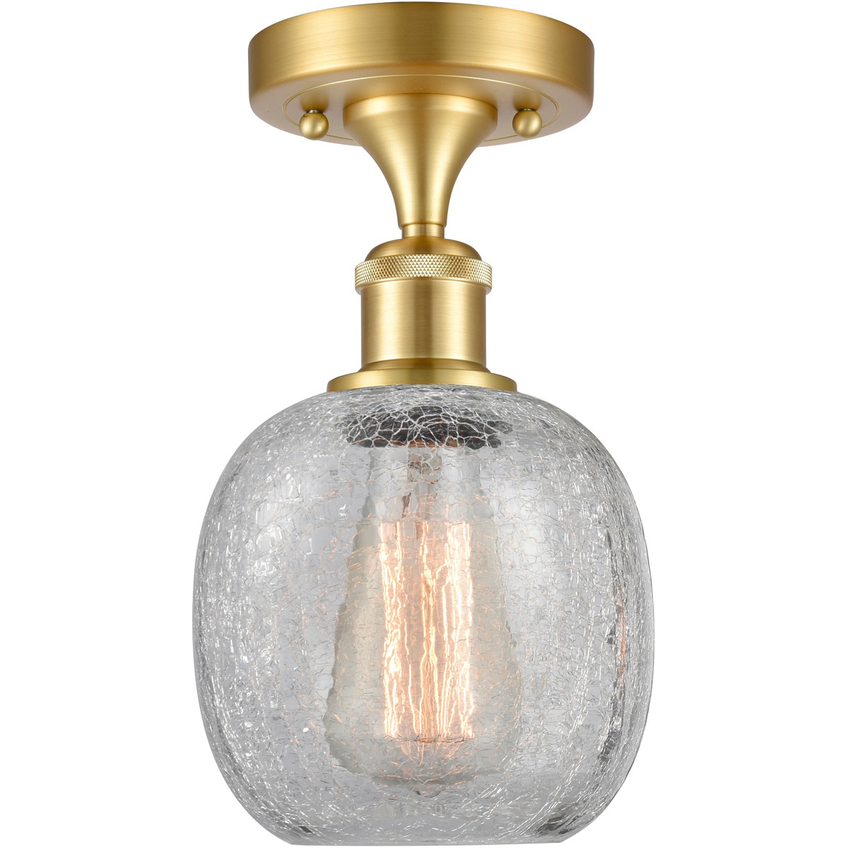 Ballston Belfast LED 6 inch Satin Gold Semi-Flush Mount Ceiling Light in Clear Crackle Glass, Ballston