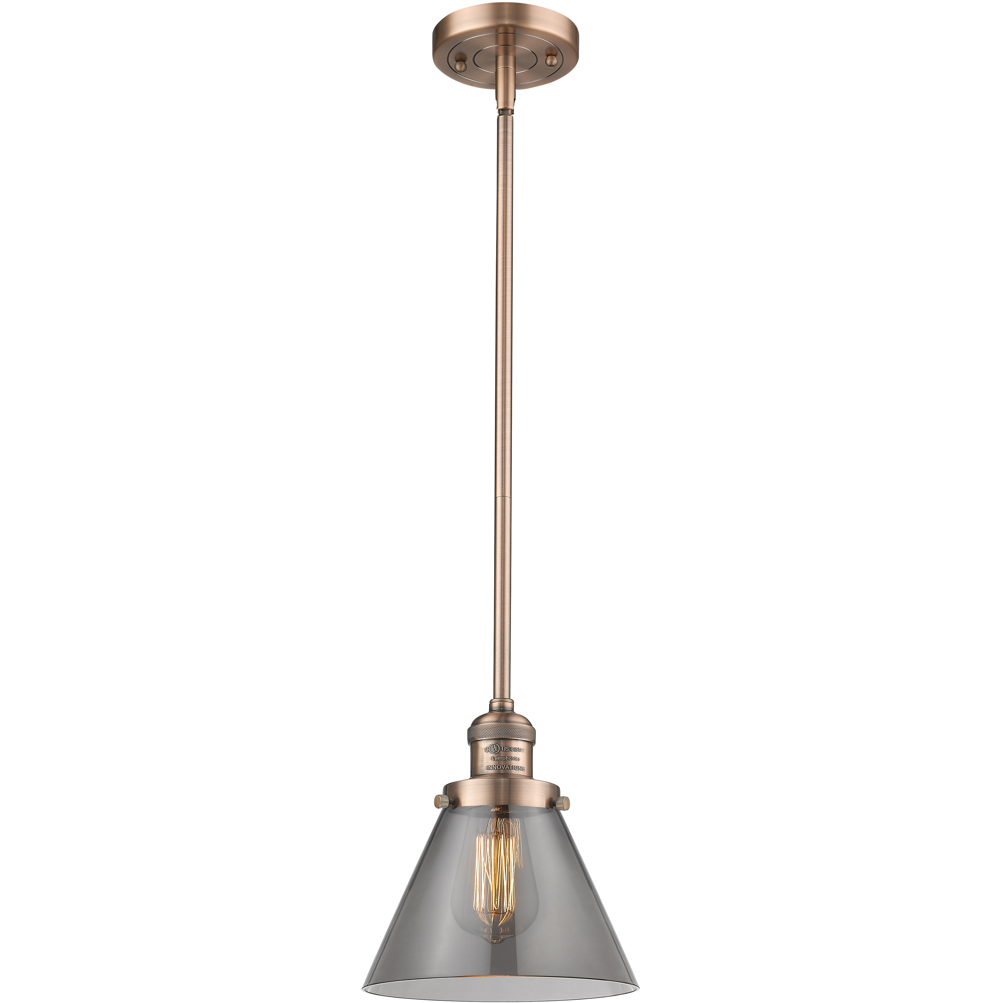 Franklin Restoration Cone LED 8 inch Antique Copper Mini Pendant Ceiling Light in Plated Smoke, Franklin Restoration