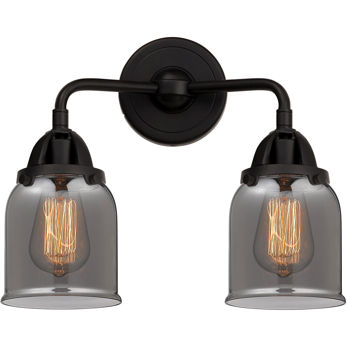 Nouveau 2 Small Bell 2 Light 13 inch Matte Black Bath Vanity Light Wall Light in Light Smoke Glass