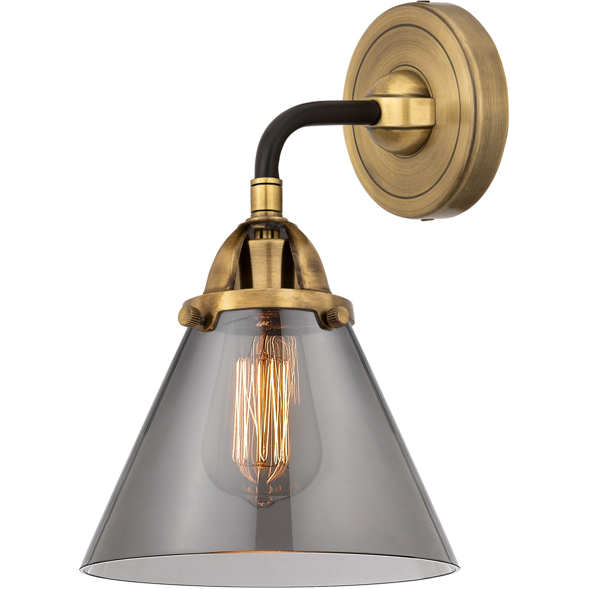 Nouveau 2 Large Cone 1 Light 7.75 inch Black Antique Brass Sconce Wall Light in Light Smoke Glass