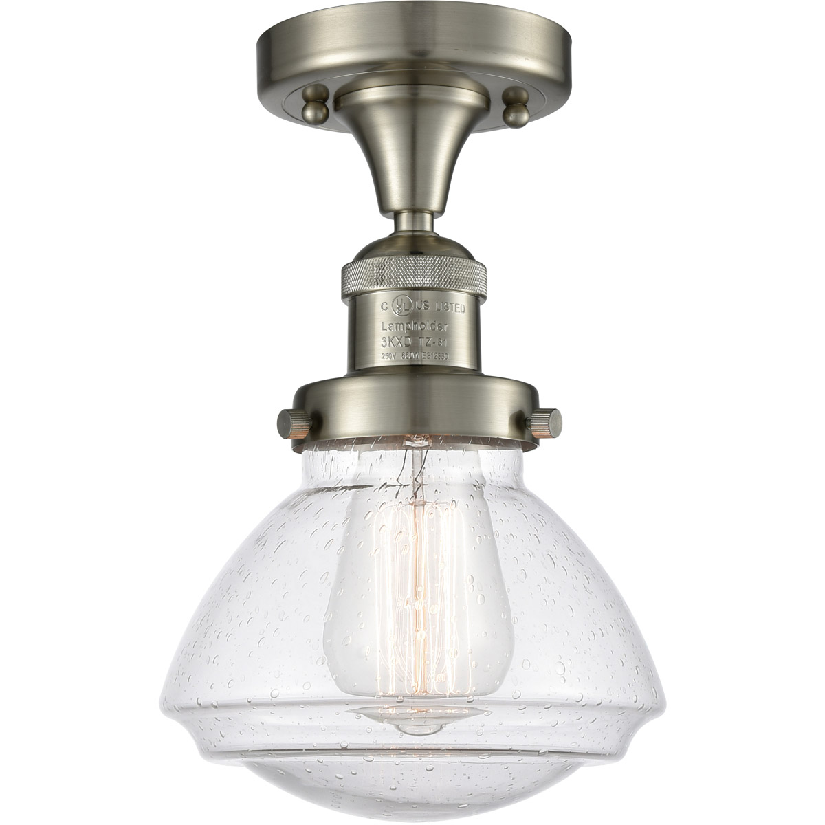 Franklin Restoration Olean 1 Light 6.75 inch Brushed Satin Nickel Semi-Flush Mount Ceiling Light in Seedy Glass, Franklin Restoration