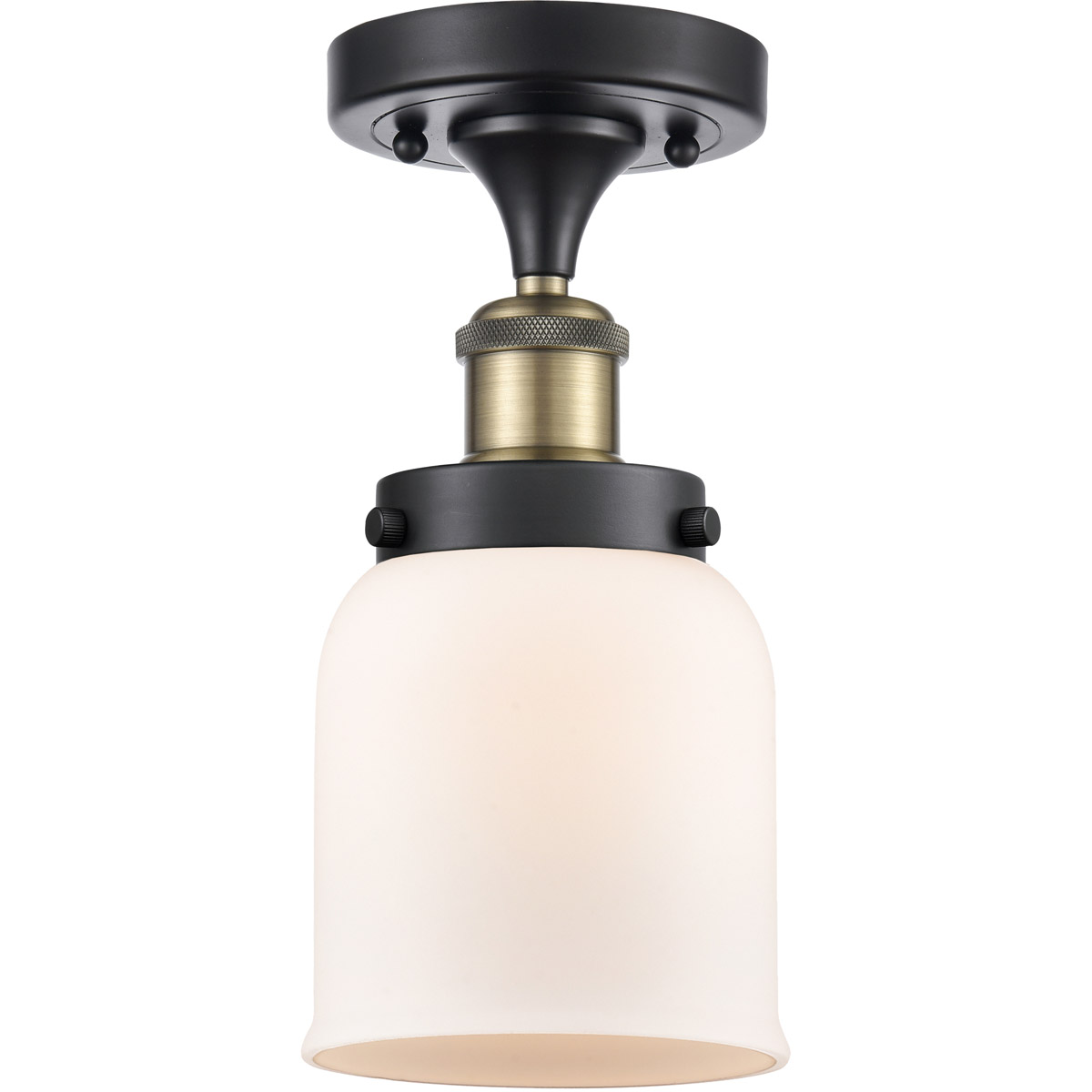 Ballston Small Bell LED 5 inch Black Antique Brass Semi-Flush Mount Ceiling Light in Matte White Glass