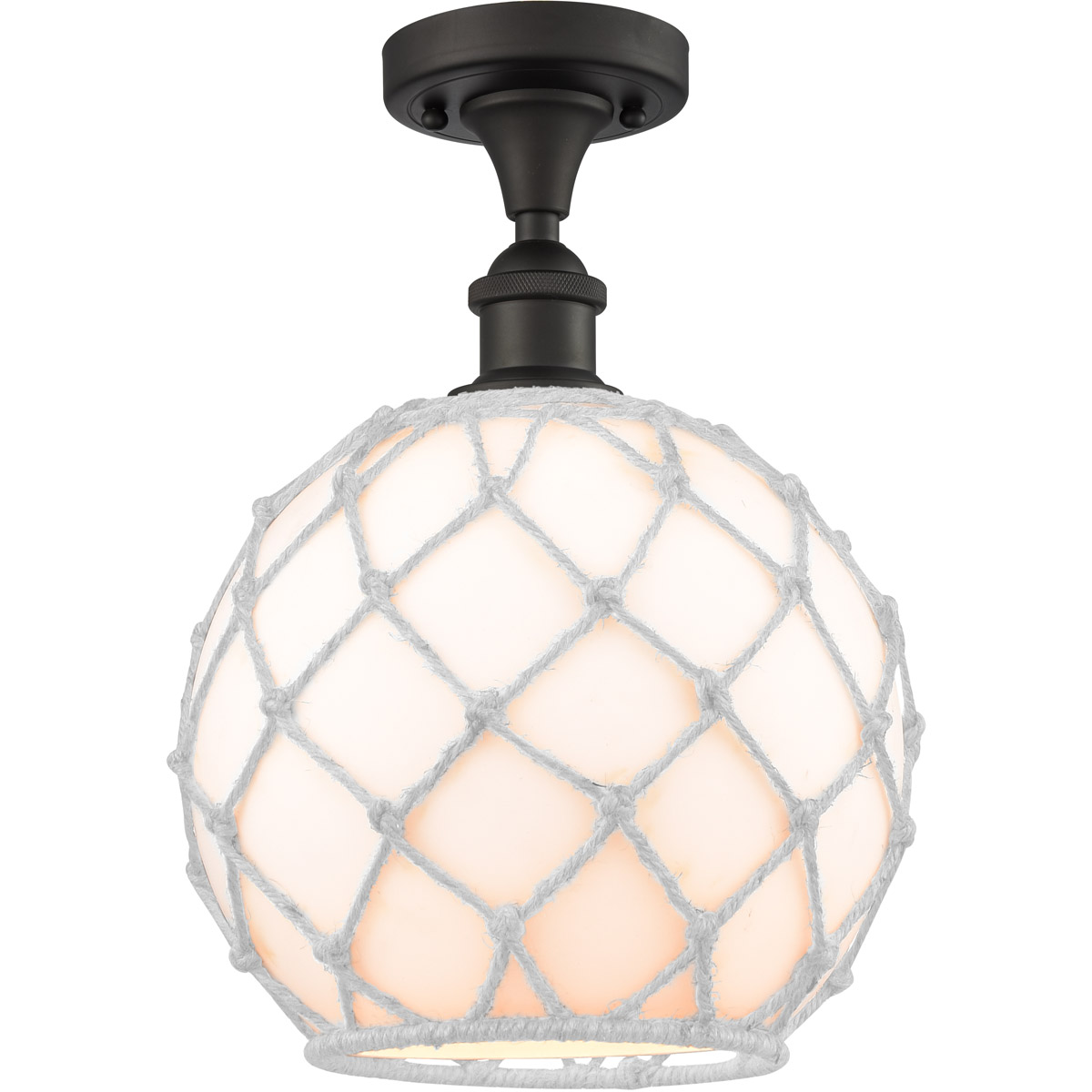Ballston Large Farmhouse Rope 1 Light 10 inch Oil Rubbed Bronze Semi-Flush Mount Ceiling Light in White Glass with White Rope, Ballston