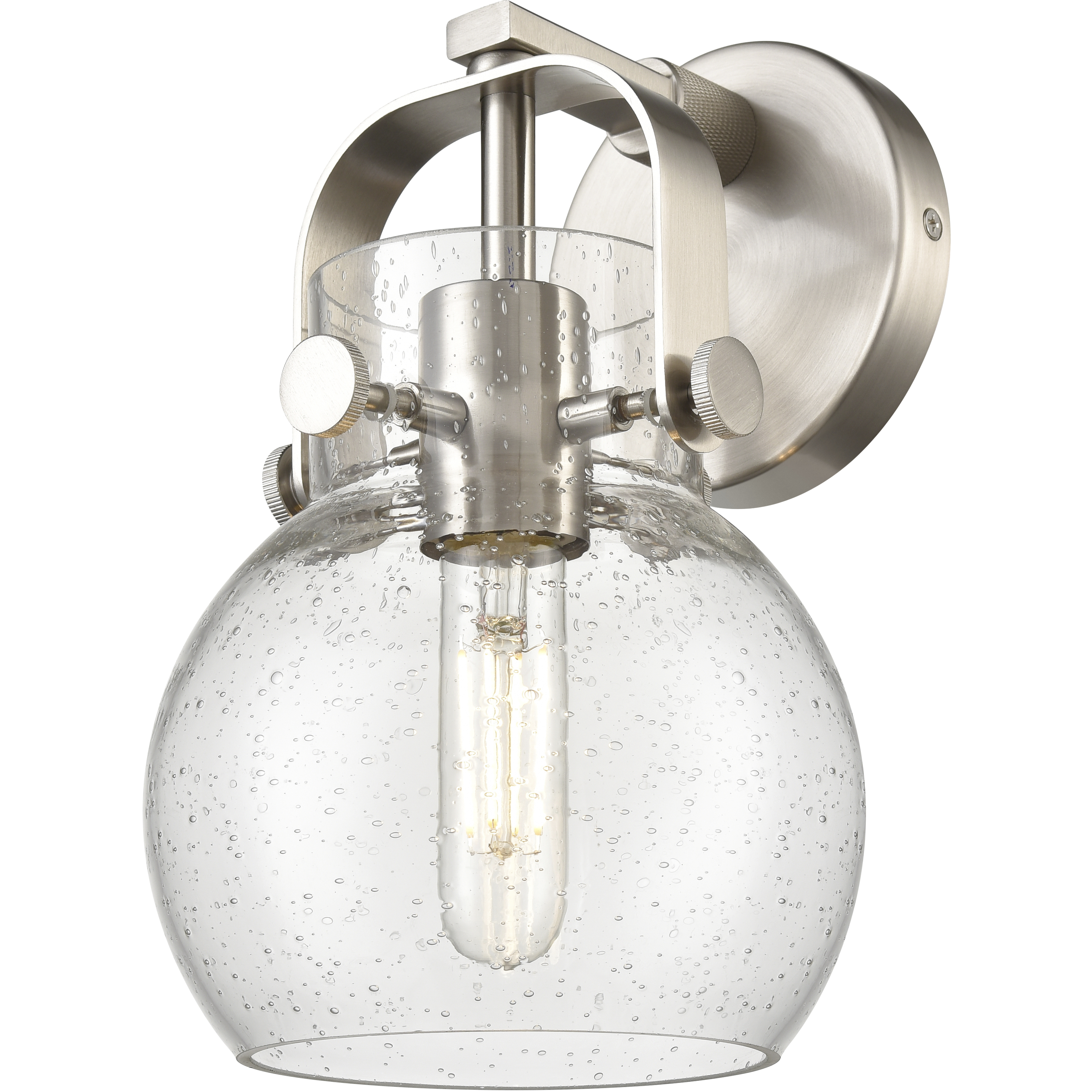 Pilaster II Sphere Sconce Wall Light in Satin Nickel, Seedy Glass