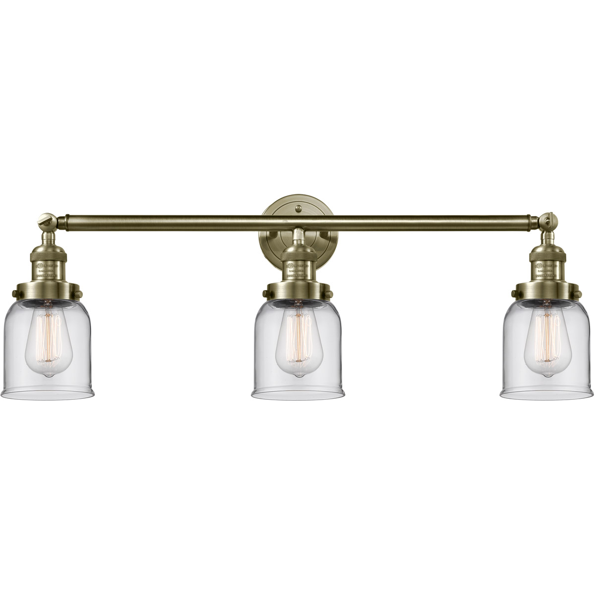 Franklin Restoration Small Bell 3 Light 30 inch Antique Brass Bath Vanity Light Wall Light in Incandescent, Clear Glass, Franklin Restoration