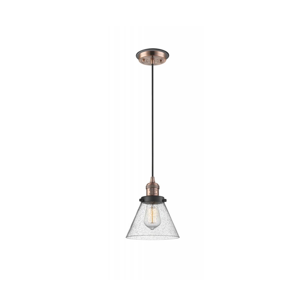 Franklin Restoration Large Cone 1 Light 8 inch Antique Copper/Matte Black Mini Pendant Ceiling Light in Seedy Glass