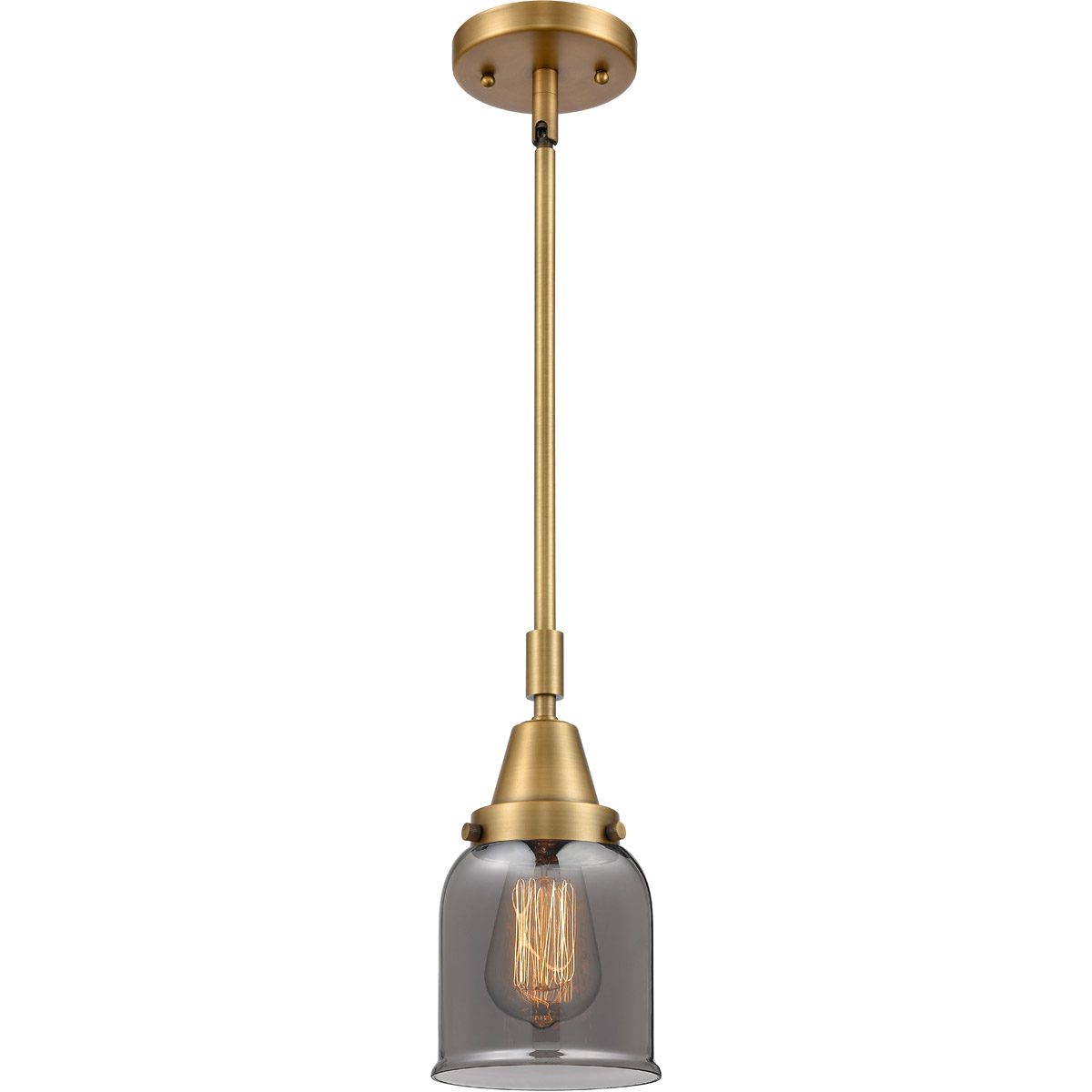 Franklin Restoration Small Bell LED 5 inch Brushed Brass Mini Pendant Ceiling Light in Plated Smoke Glass
