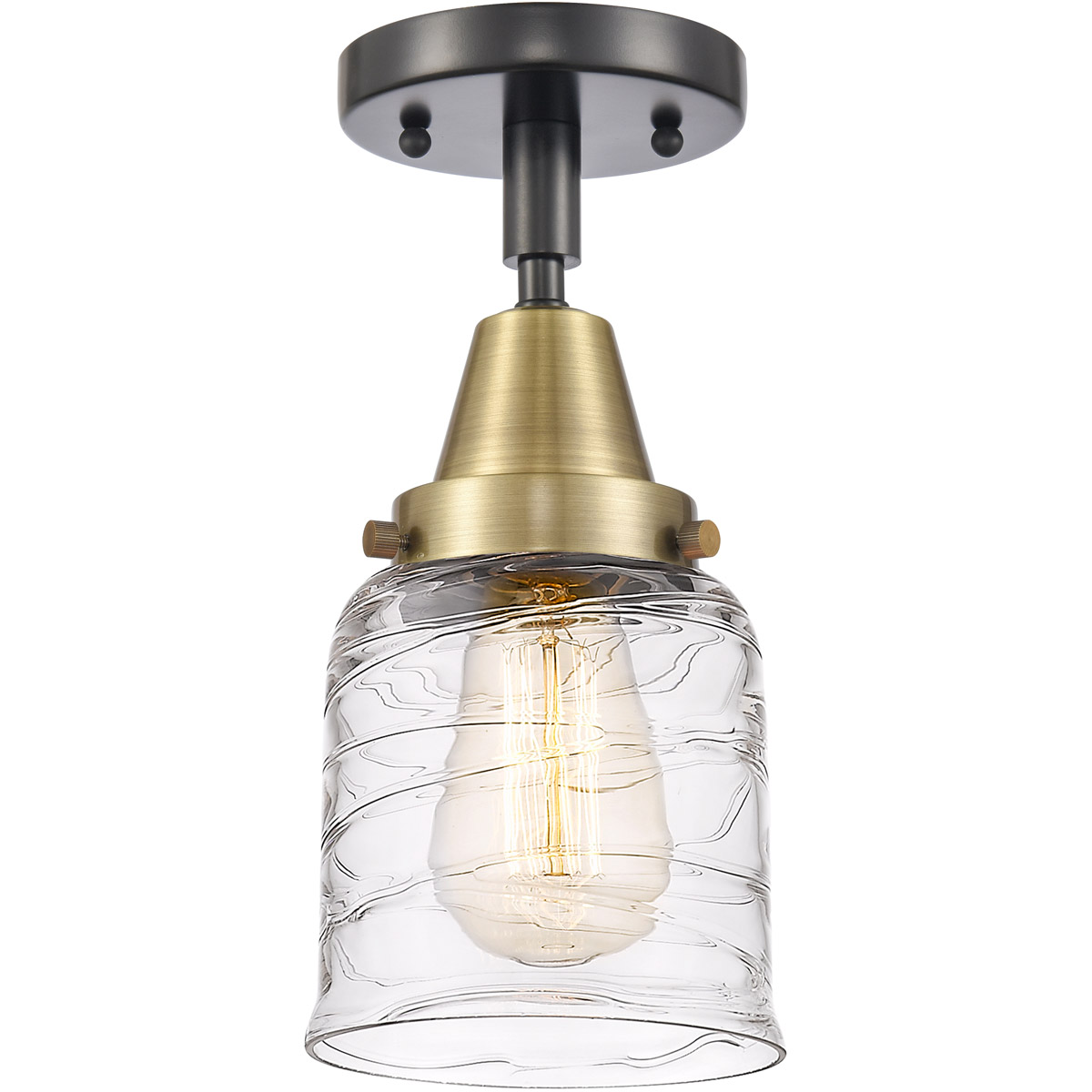 Franklin Restoration Bell LED 5 inch Black Antique Brass Flush Mount Ceiling Light in Deco Swirl Glass