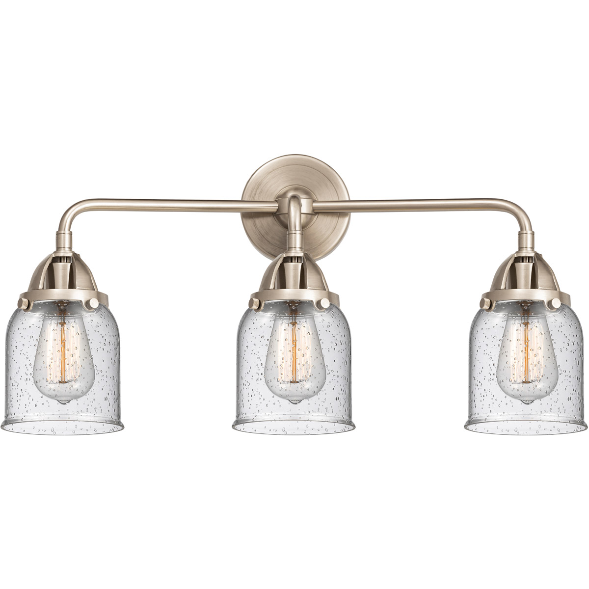 Nouveau 2 Small Bell 3 Light 23 inch Black Antique Brass Bath Vanity Light Wall Light in Seedy Glass