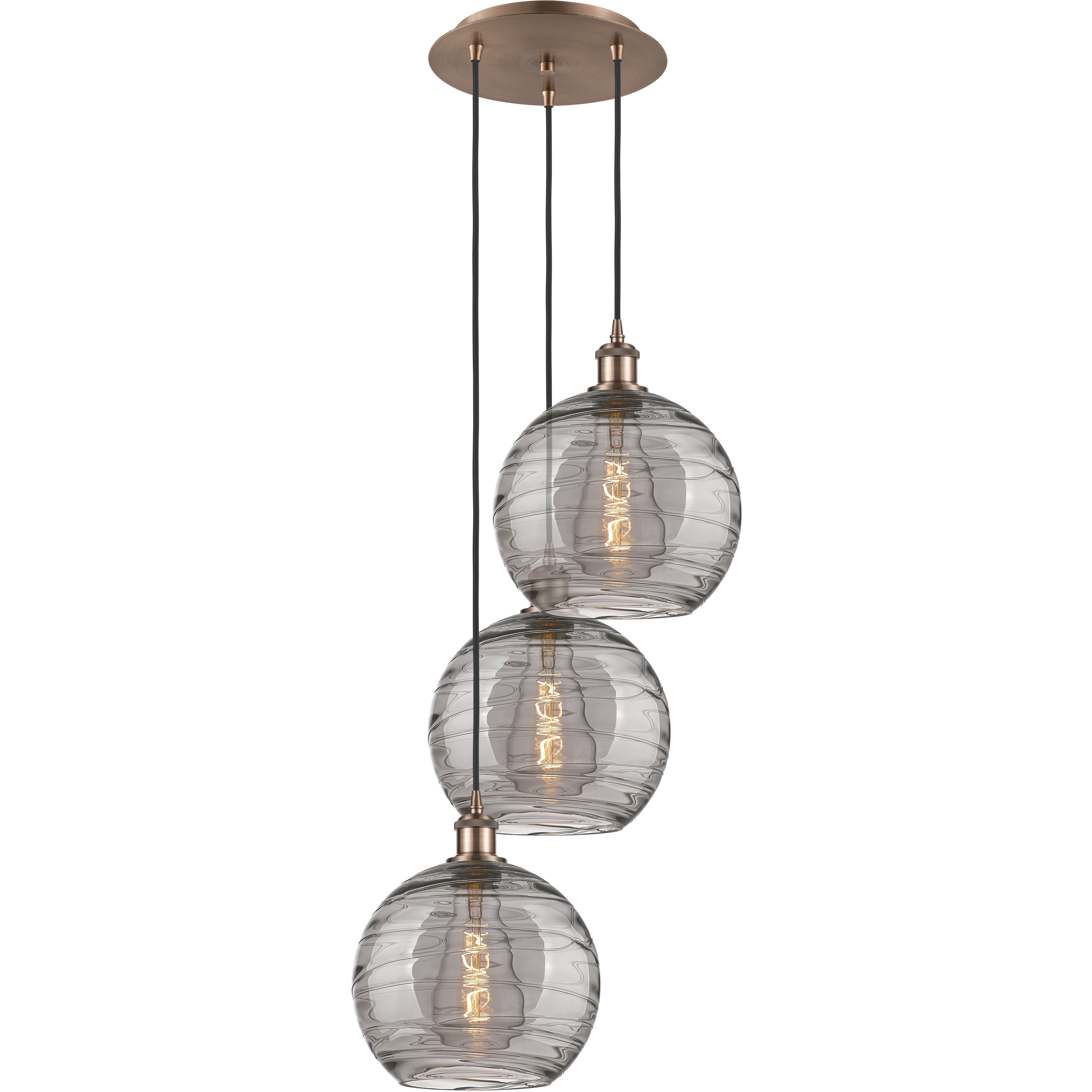 Ballston Athens Deco Swirl 3 Light 16.5 inch Antique Copper Cord Hung Multi Pendant Ceiling Light