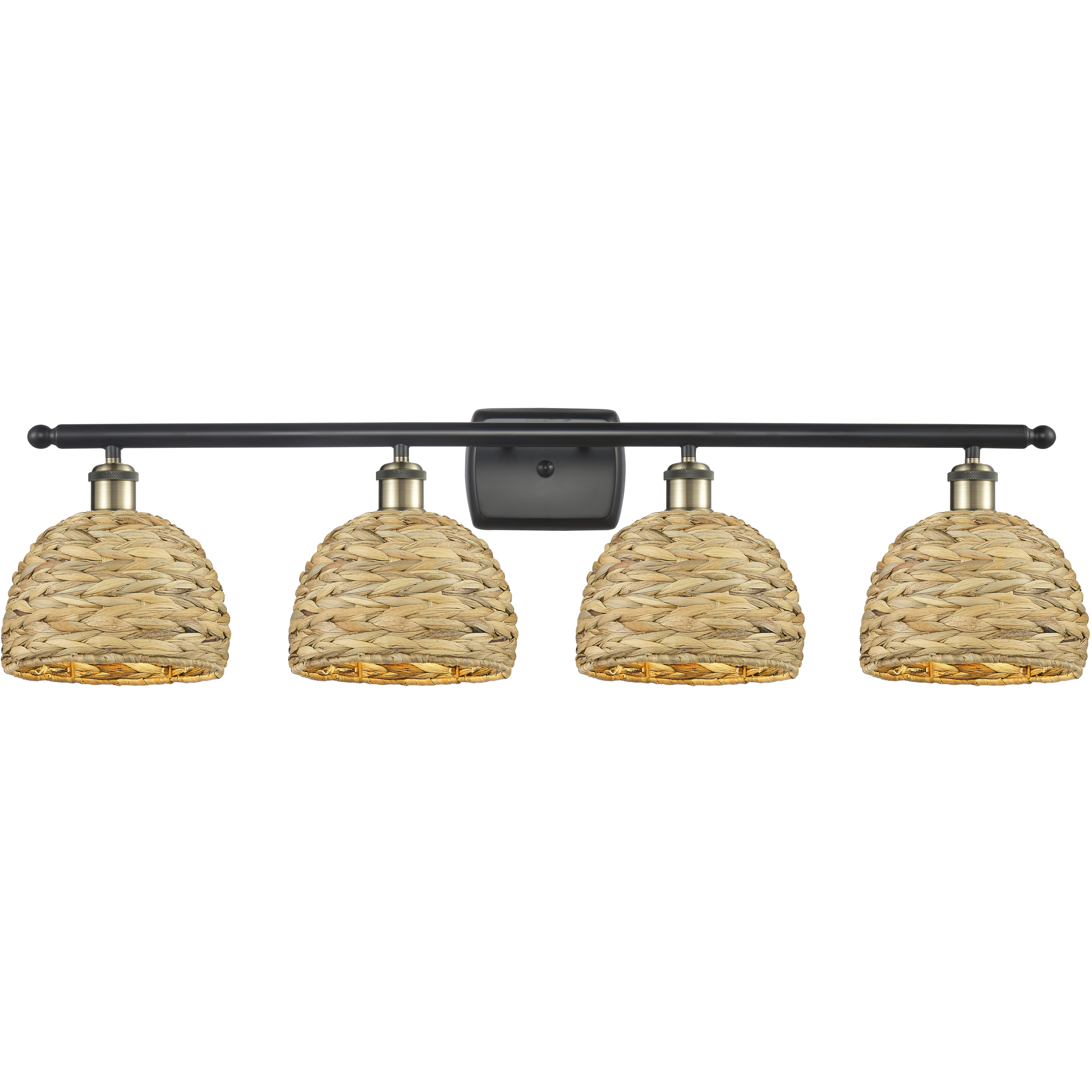 Woven Rattan 4 Light 38 inch Black Antique Brass Bath Vanity Light Wall Light
