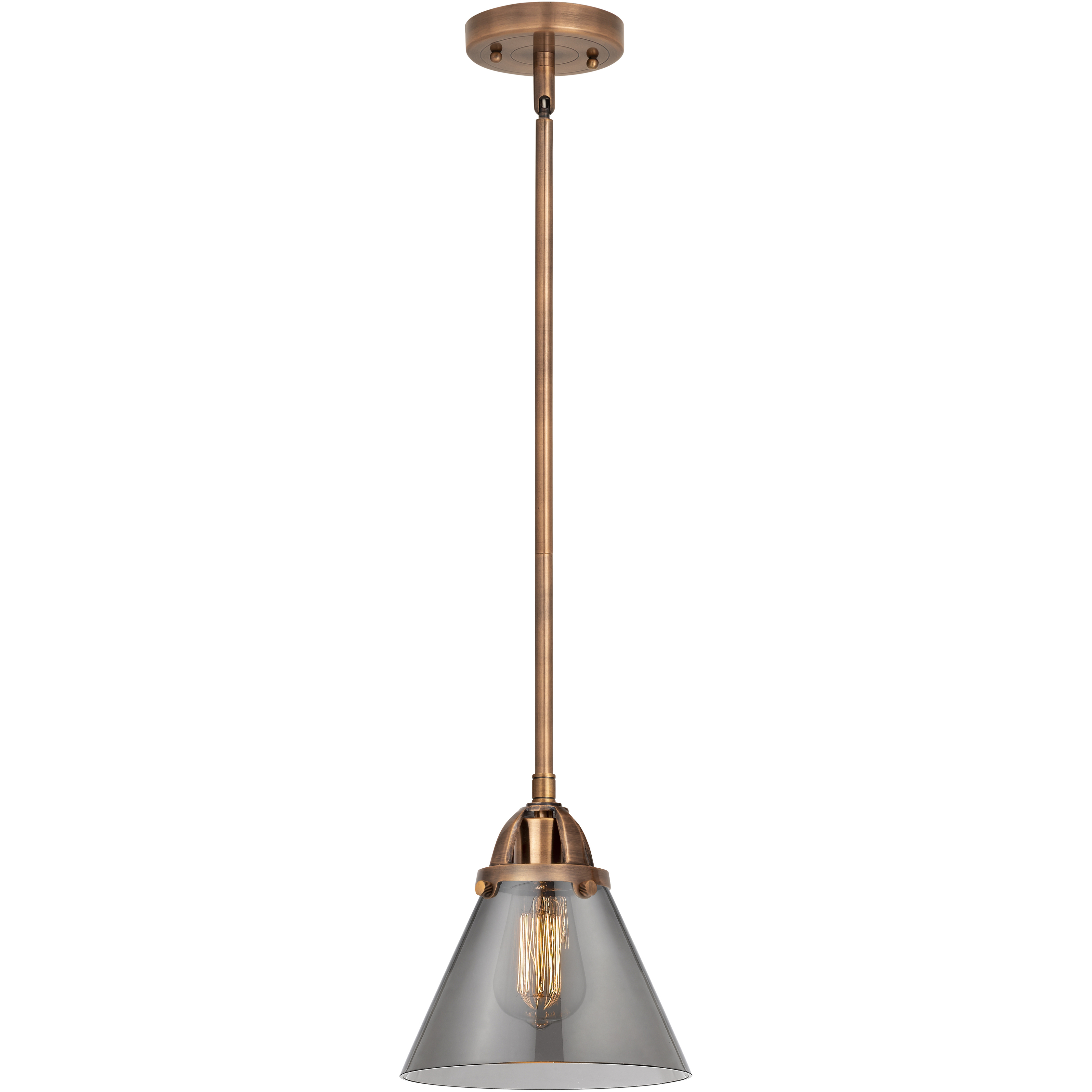 Nouveau 2 Cone 1 Light 7.75 inch Antique Copper Mini Pendant Ceiling Light in Bulb Not Included, Light Smoke Glass