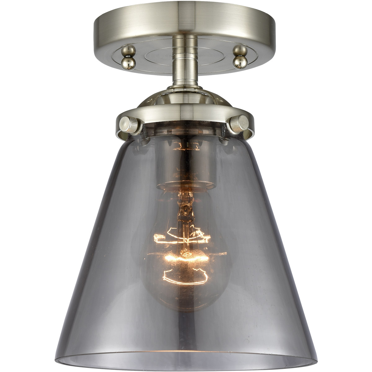 Nouveau Small Cone LED 6 inch Brushed Satin Nickel Semi-Flush Mount Ceiling Light in Plated Smoke Glass, Nouveau