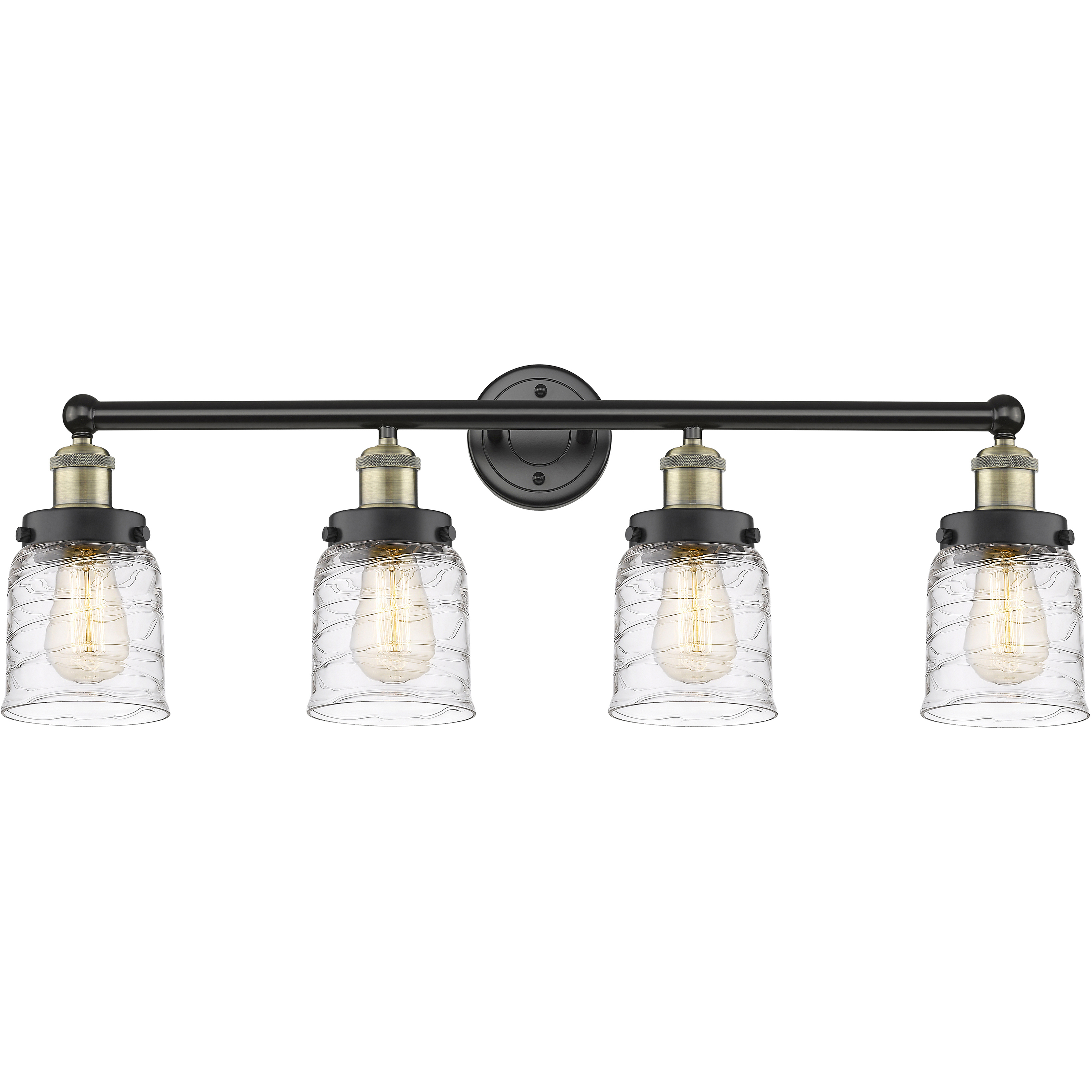 Bell 4 Light 33.5 inch Black Antique Brass Bath Vanity Light Wall Light in Clear Deco Swirl Glass, Small