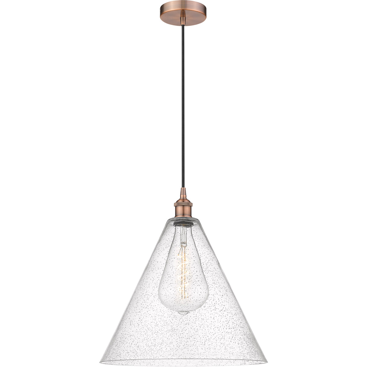 Edison Cone LED 16 inch Antique Copper Pendant Ceiling Light in Seedy Glass