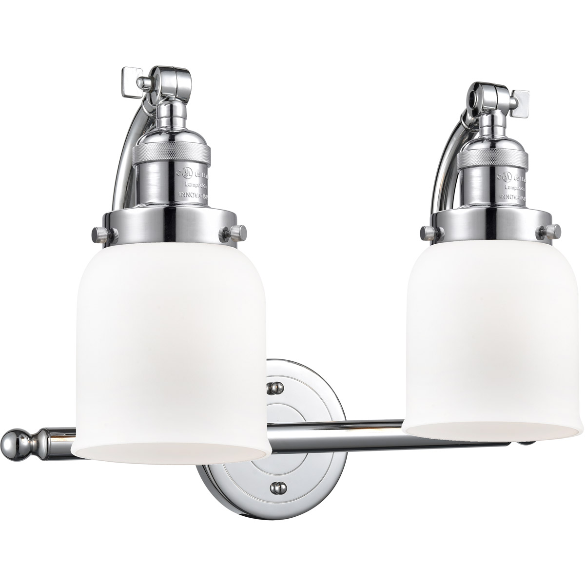 Franklin Restoration Small Bell 2 Light 18 inch Polished Chrome Bath Vanity Light Wall Light in Matte White Glass, Franklin Restoration