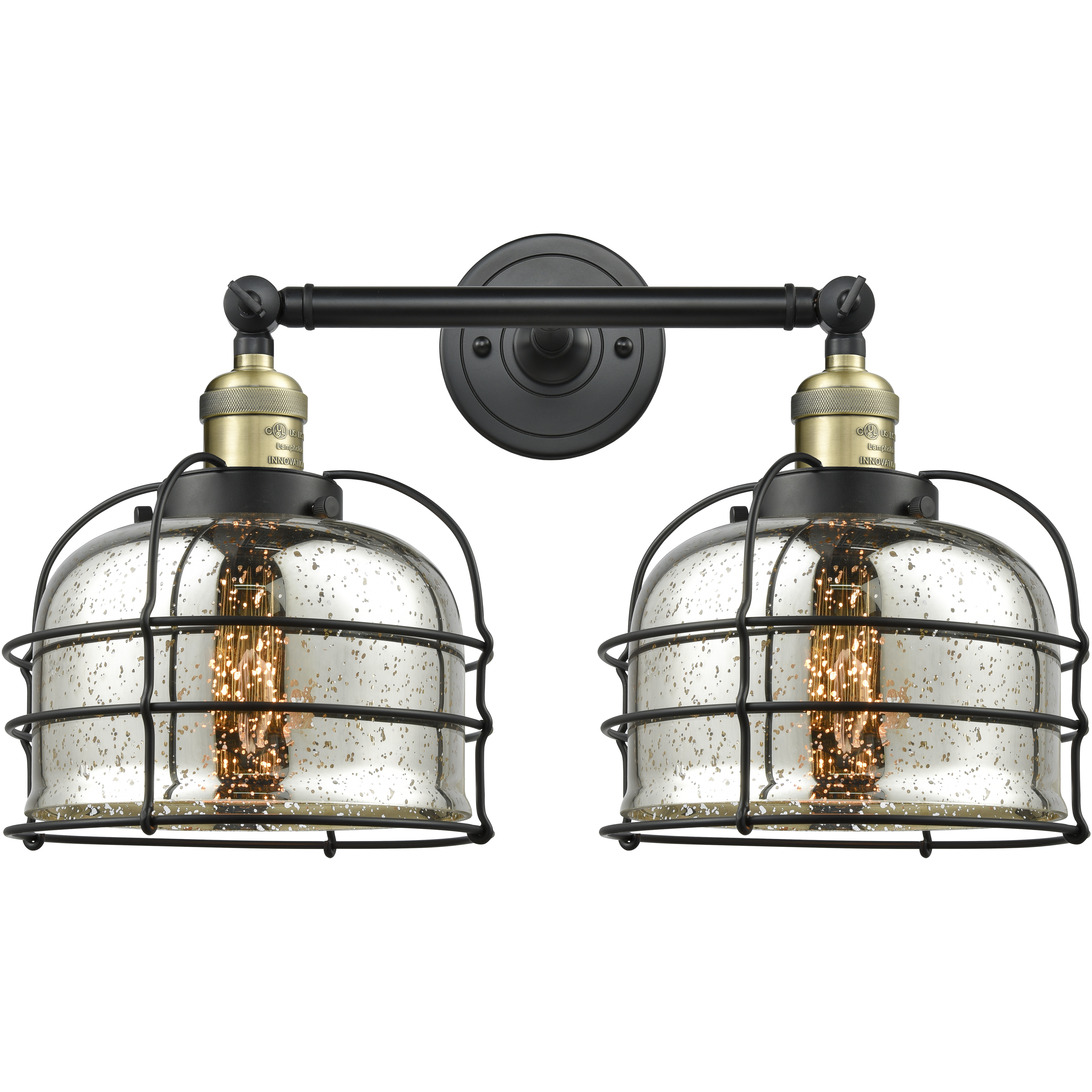 Franklin Restoration Large Bell Cage 2 Light 19 inch Black Antique Brass Bath Vanity Light Wall Light in Silver Plated Mercury Glass, Franklin Restoration