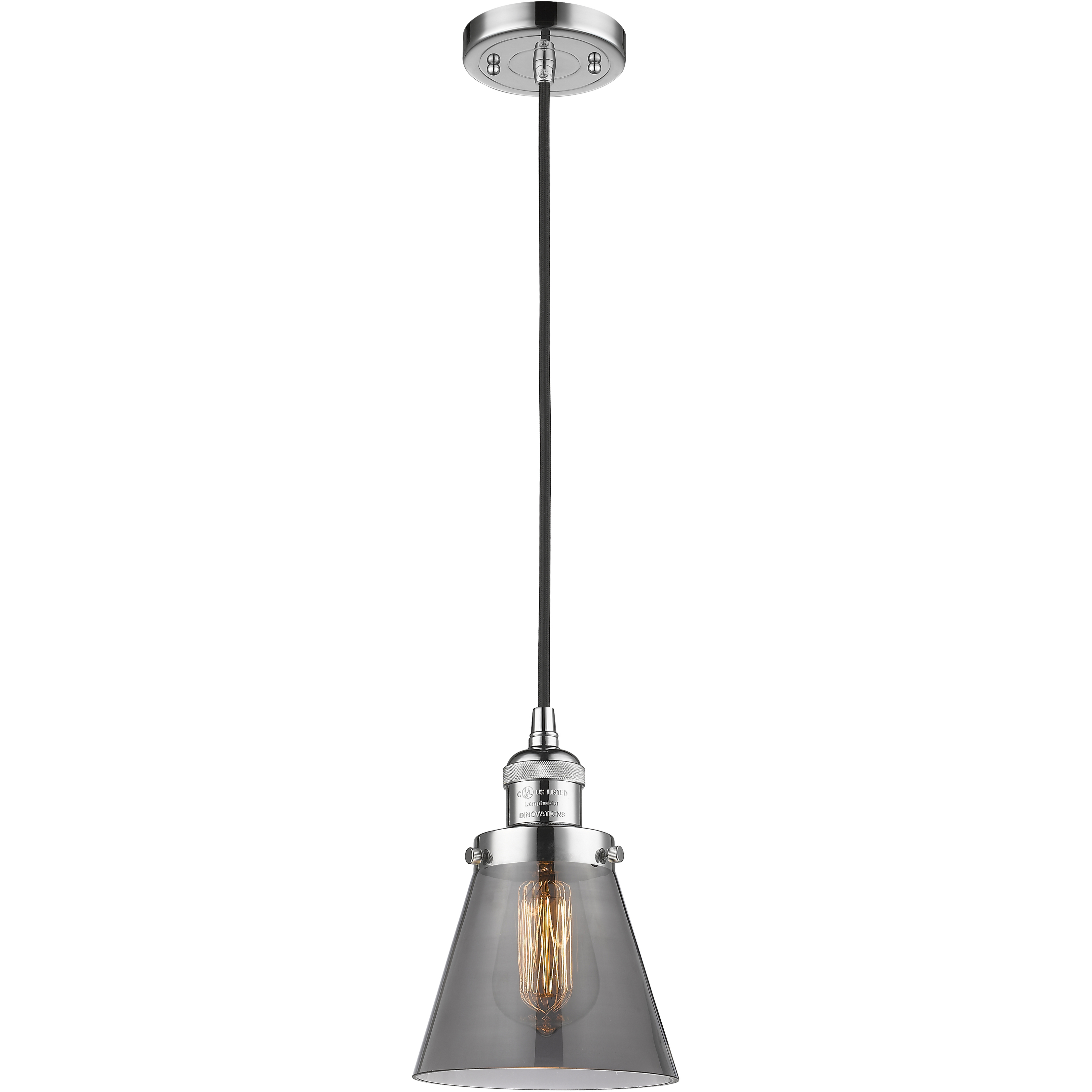 Franklin Restoration Cone LED 6 inch Polished Chrome Mini Pendant Ceiling Light in Light Smoke Glass, Franklin Restoration
