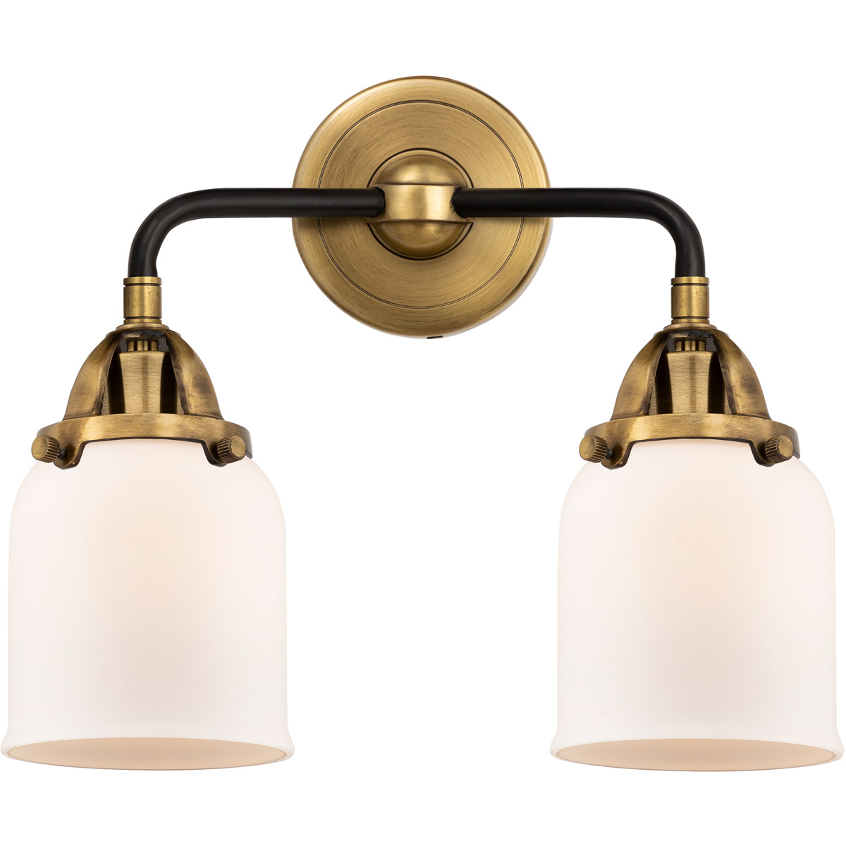 Nouveau 2 Small Bell 2 Light 13 inch Black Antique Brass Bath Vanity Light Wall Light in Matte White Glass