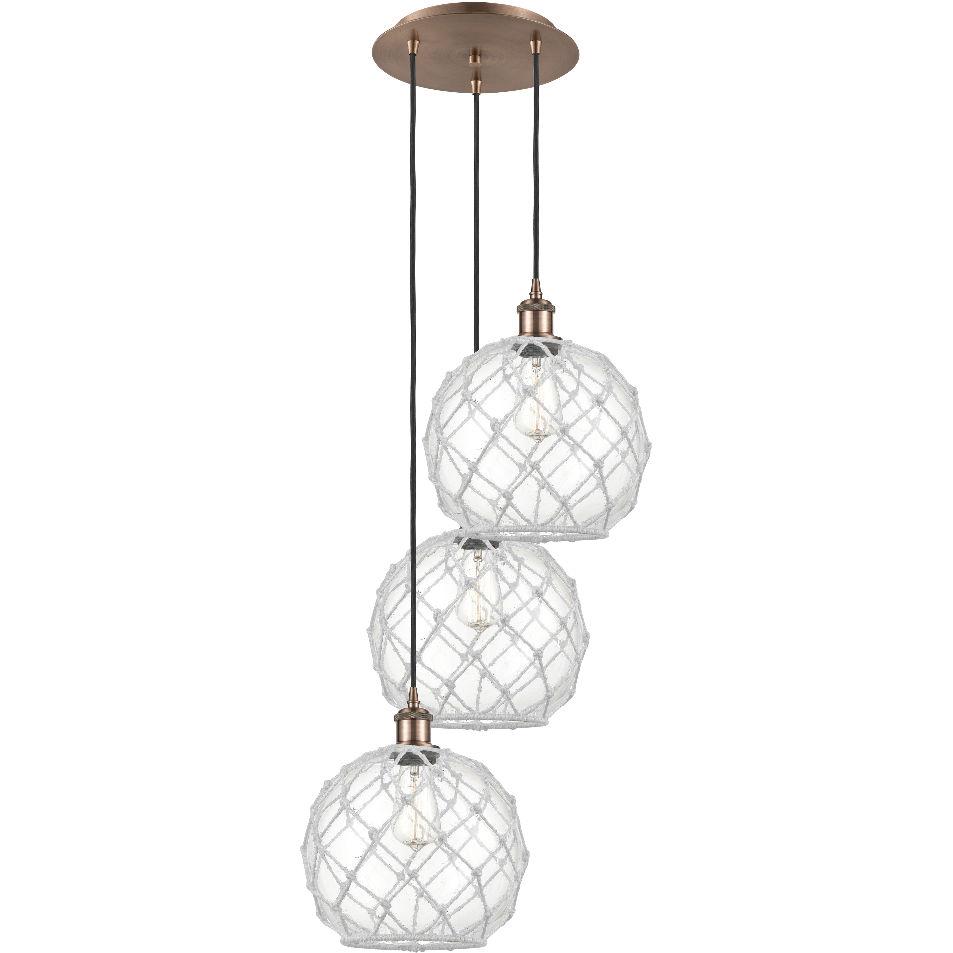 Ballston Farmhouse Rope 3 Light 16.5 inch Antique Copper Multi Pendant Ceiling Light in Clear Glass with White Rope
