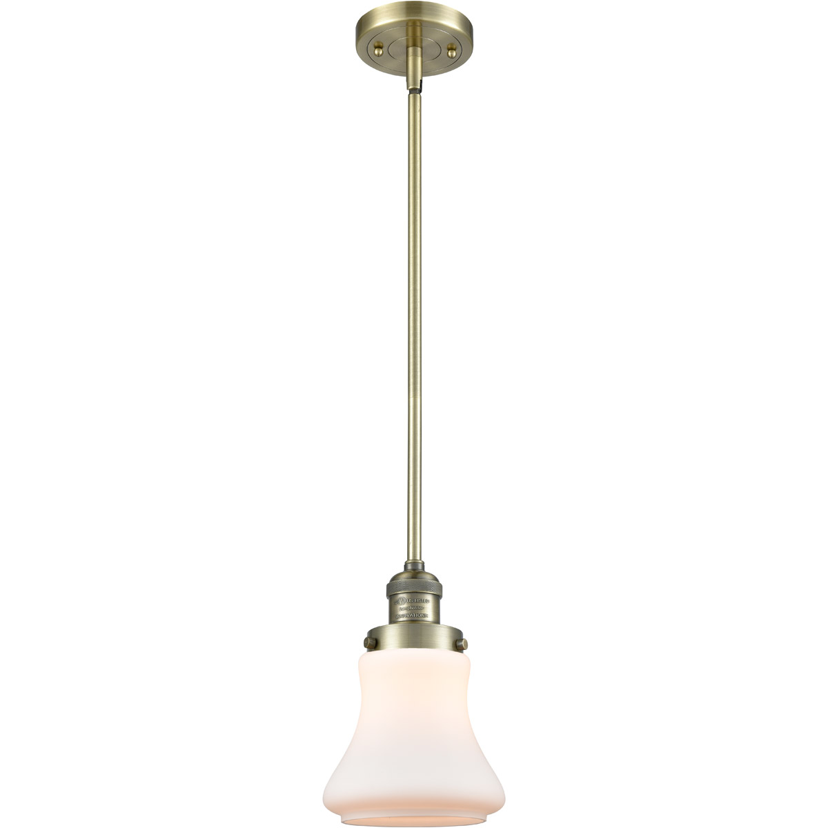 Franklin Restoration Bellmont LED 7 inch Antique Brass Mini Pendant Ceiling Light in Matte White Glass, Franklin Restoration